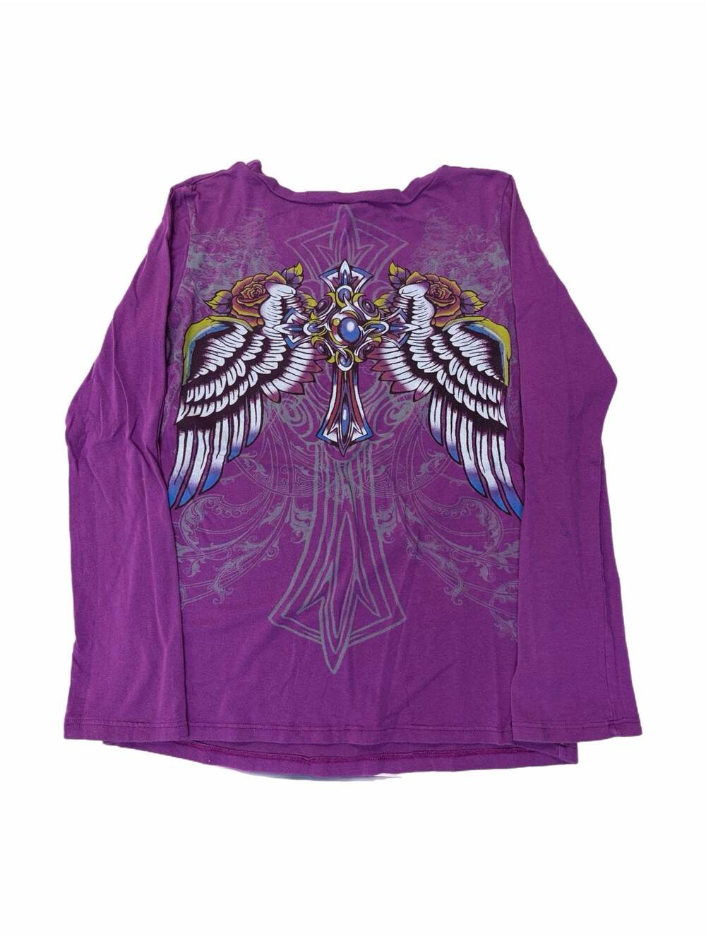 Katydid Y2K Purple Rhinestone Winged Cross Long Sleeve Shirt